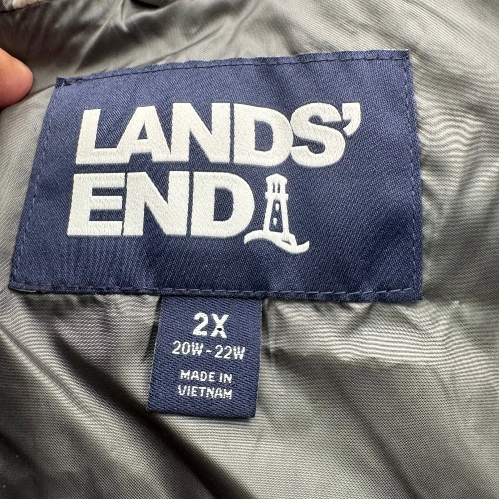 Lands'‎ End Buffalo Plaid Puffer Vest Women 2X Grey Black Down Insulated Outdoor